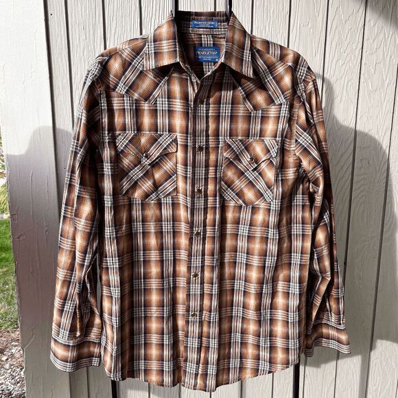 Pendleton Frontier Plaid Western Shirt M - Brown/Blue, Vintage, Snap Buttons - Picture 8 of 8